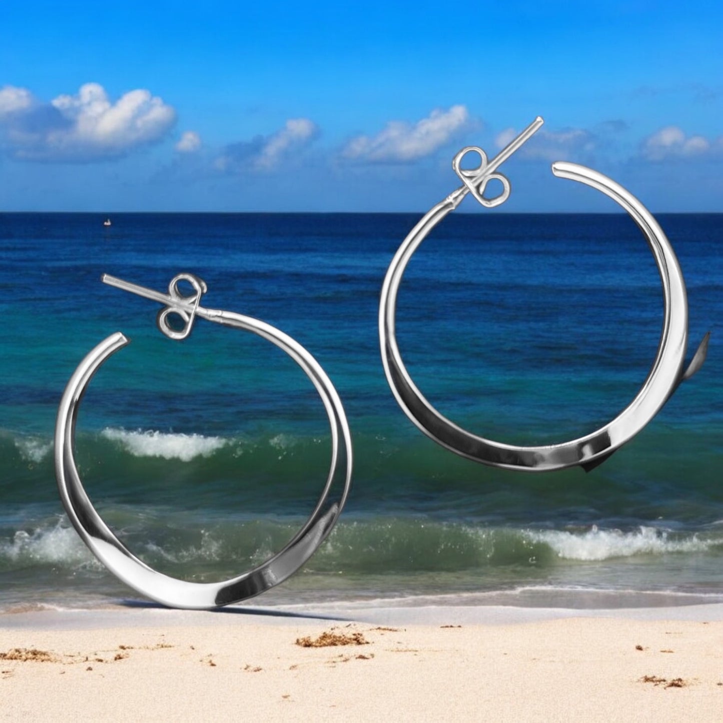 Sterling Silver .925 HOOP POST Earrings 30mm Undulating Solid Smooth