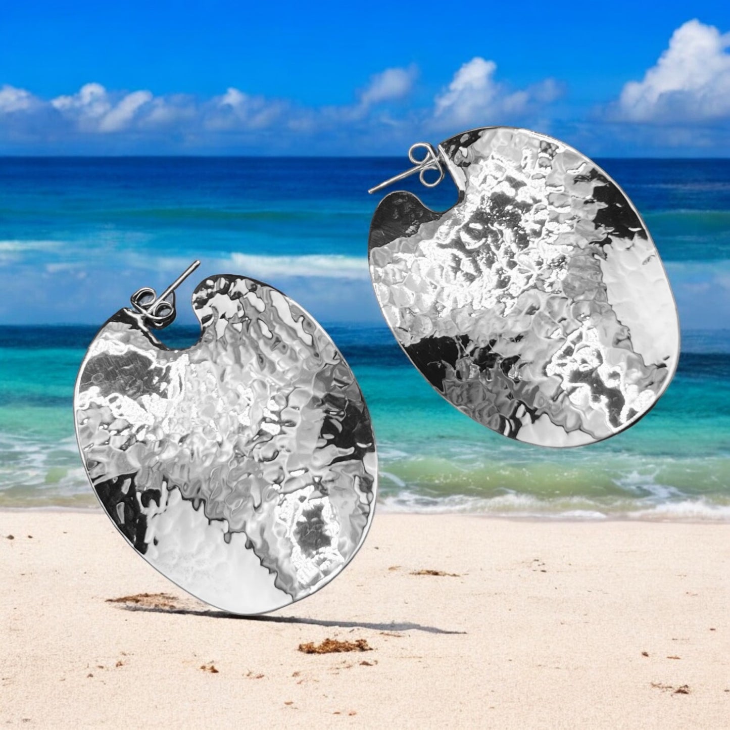 Sterling Silver .925 POST Earrings 38mmx48mm Hammered
