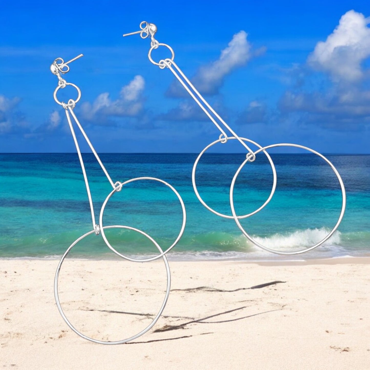 Sterling Silver .925 POST Earrings 40mmx97mm Two Circle