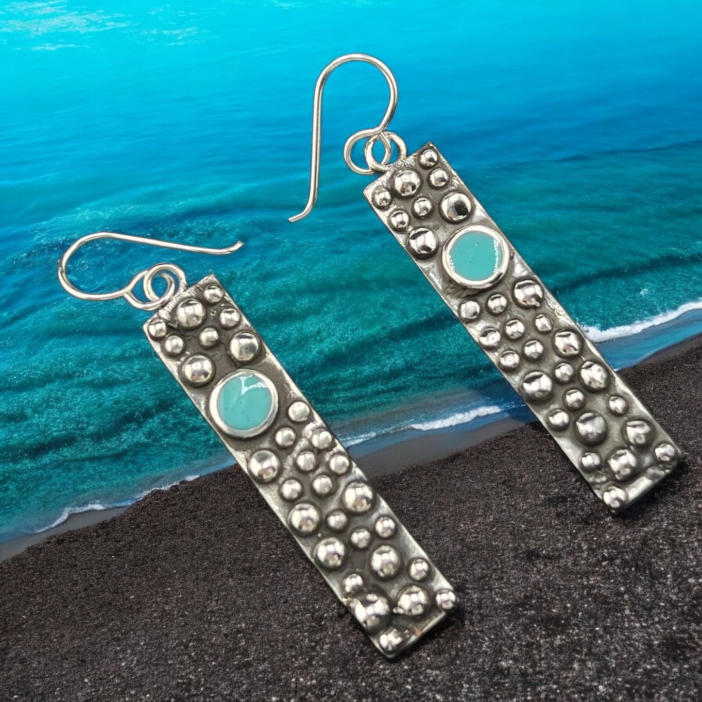 Sterling Silver .925 HOOK Earrings 9mmx50mm Rectangular with balls and turquoise