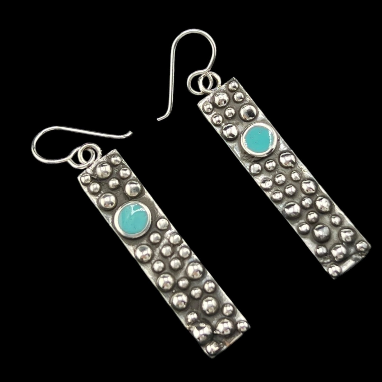 Sterling Silver .925 HOOK Earrings 9mmx50mm Rectangular with balls and turquoise