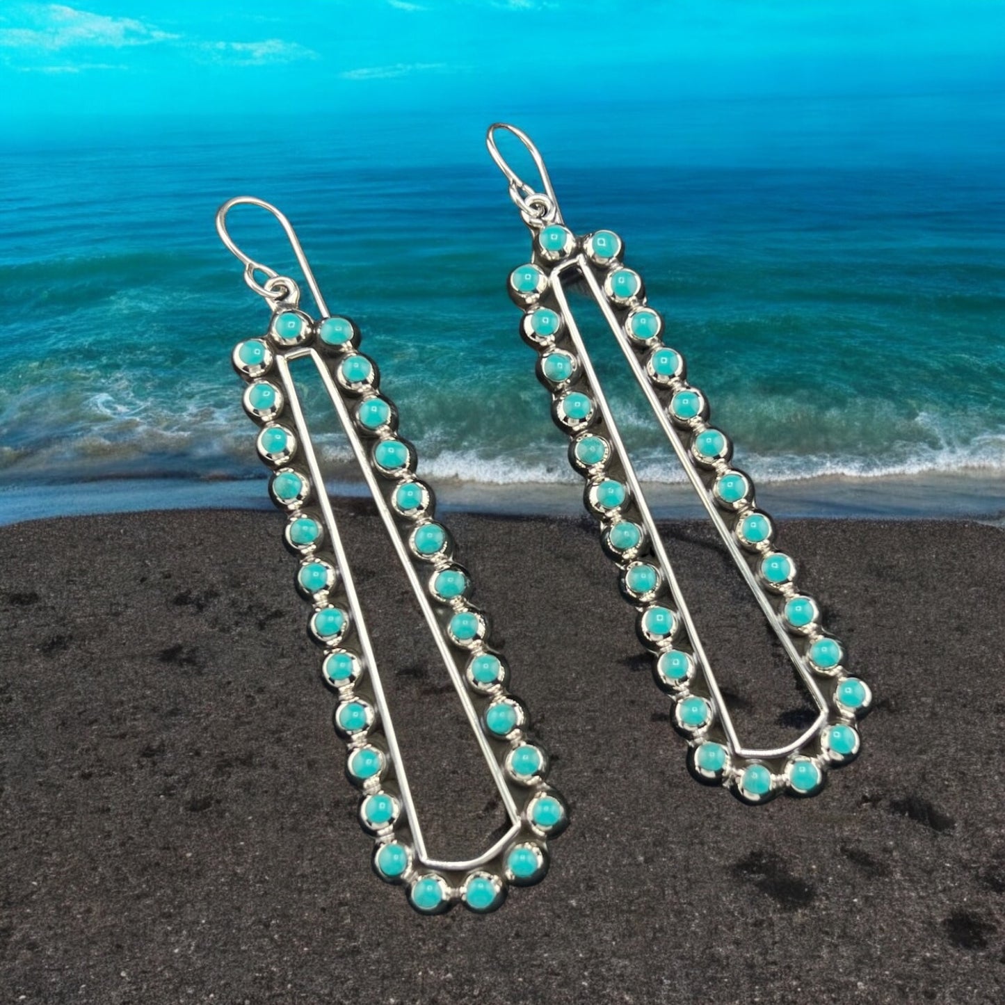 Sterling Silver .925 HOOK Earrings 20mmx72mm Rectangular with Bolitas de Turquoise