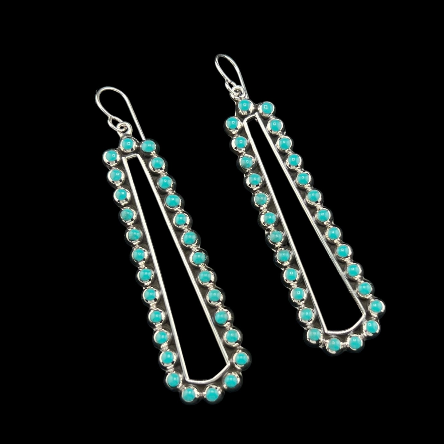 Sterling Silver .925 HOOK Earrings 20mmx72mm Rectangular with Bolitas de Turquoise