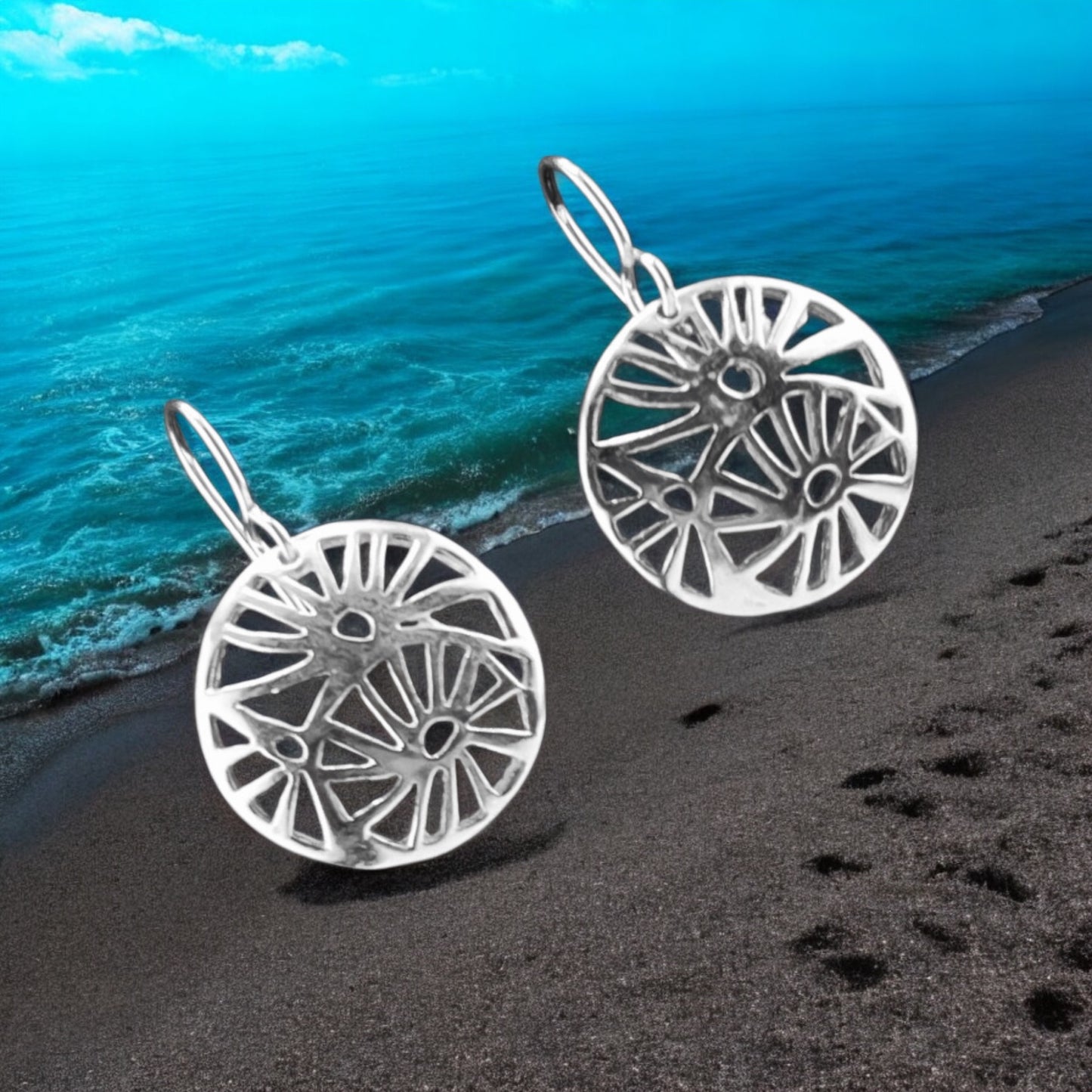 Sterling Silver .925 HOOK Earrings 19mm Perforated with Flower