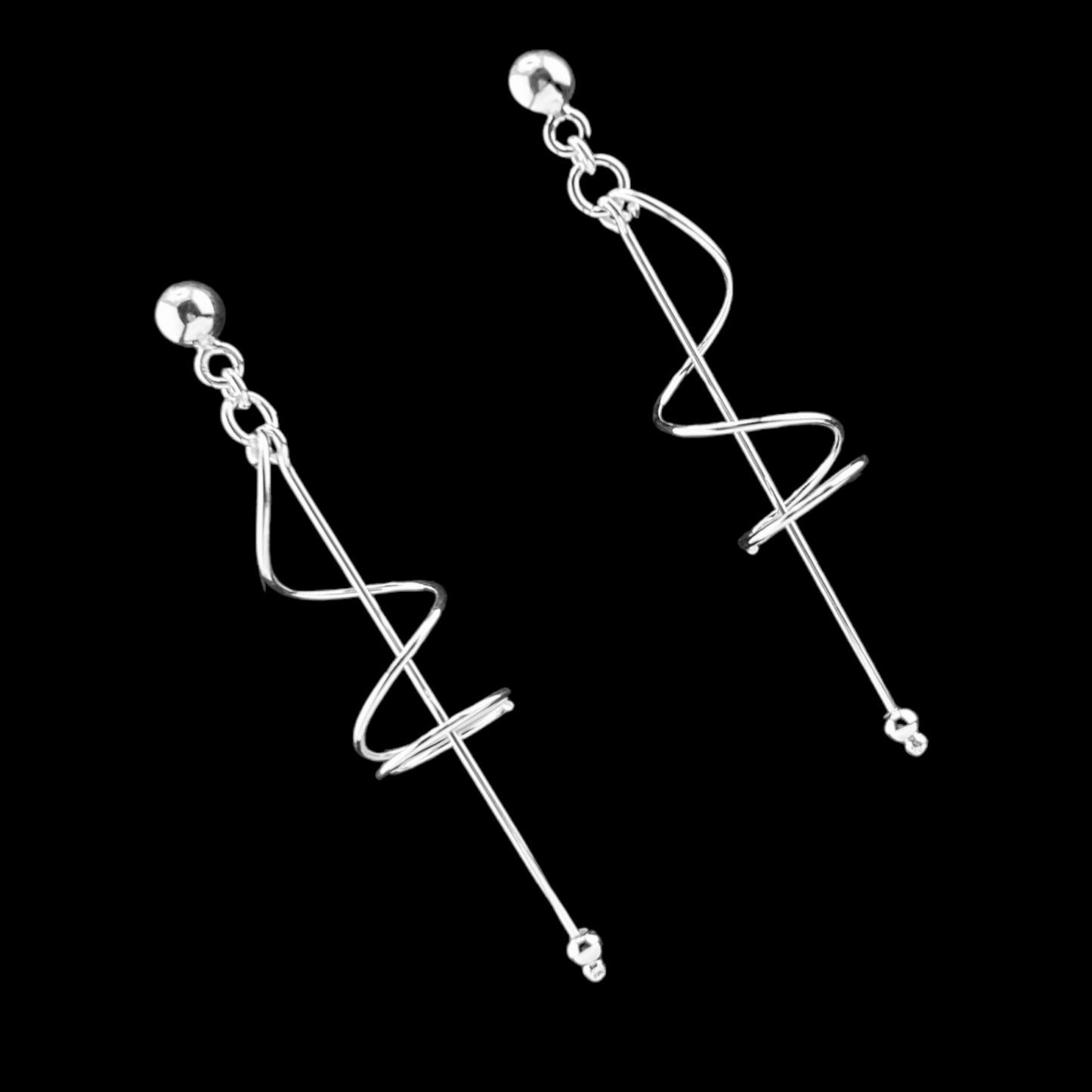 Sterling Silver .925 POST Earrings 11mmx50mm Spiral with wire Dangle
