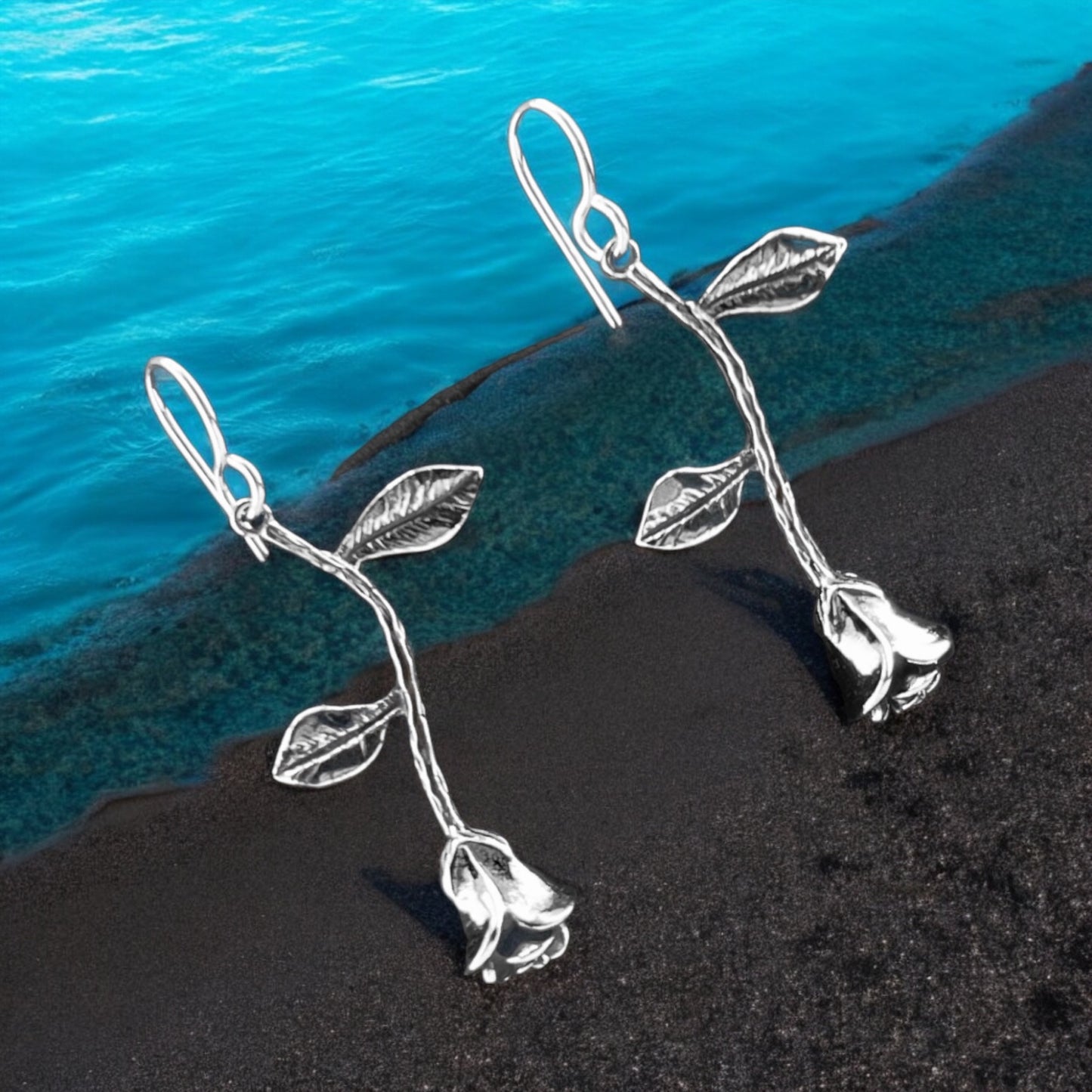 Sterling Silver .925 HOOK Earrings 15mmx40mm Rose