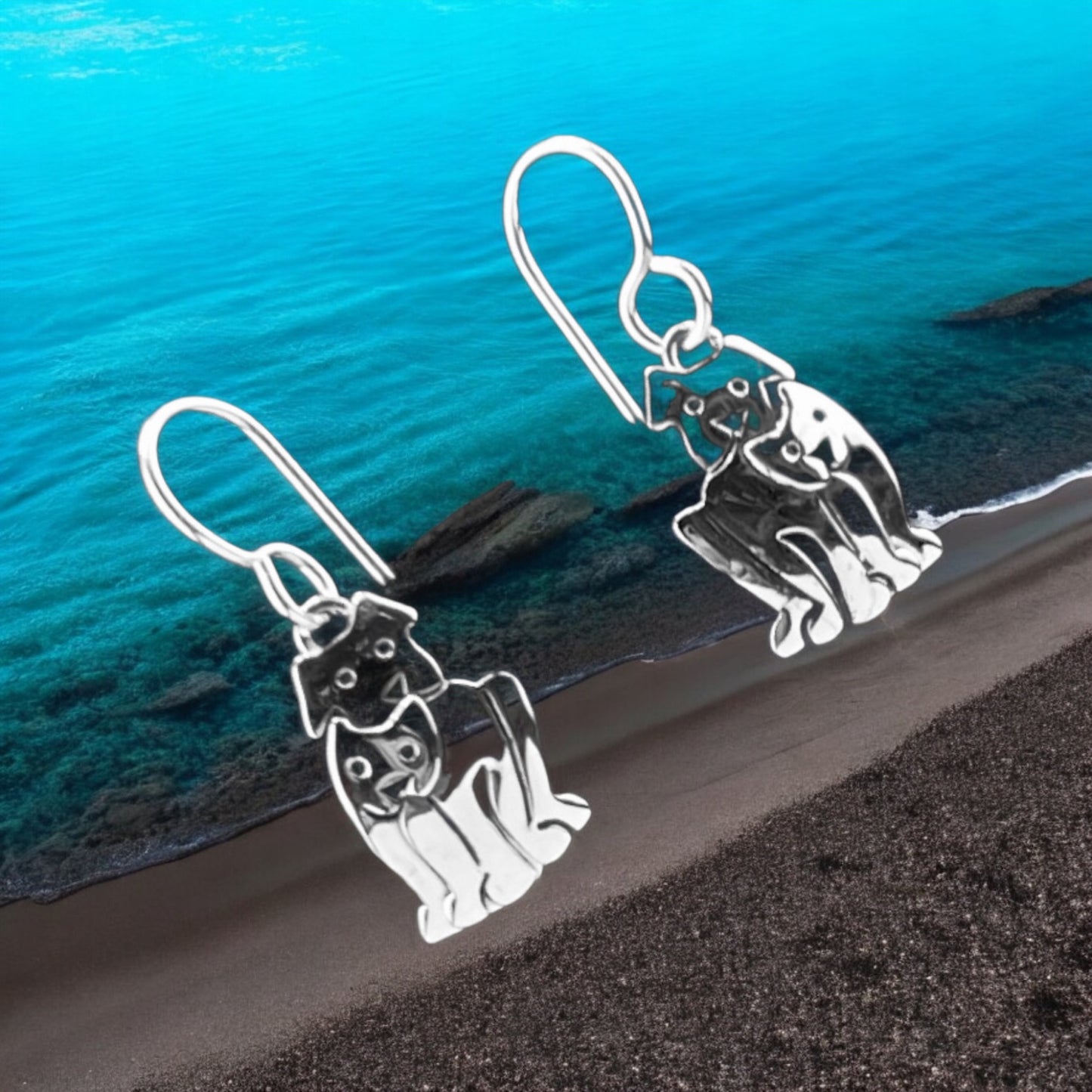 Sterling Silver .925 HOOK Earrings Dog with Cat