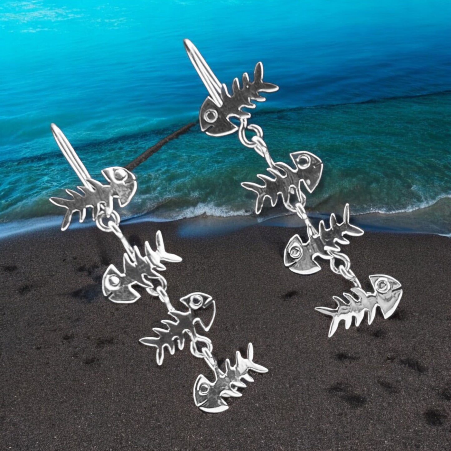 Sterling Silver .925 HOOK Earrings 10mmx40mm String of Four Boney Fish