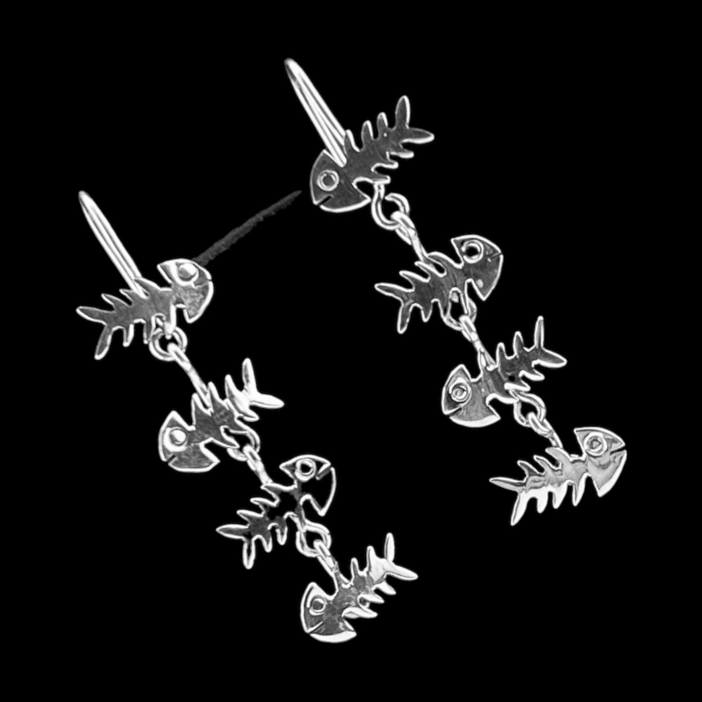 Sterling Silver .925 HOOK Earrings 10mmx40mm String of Four Boney Fish