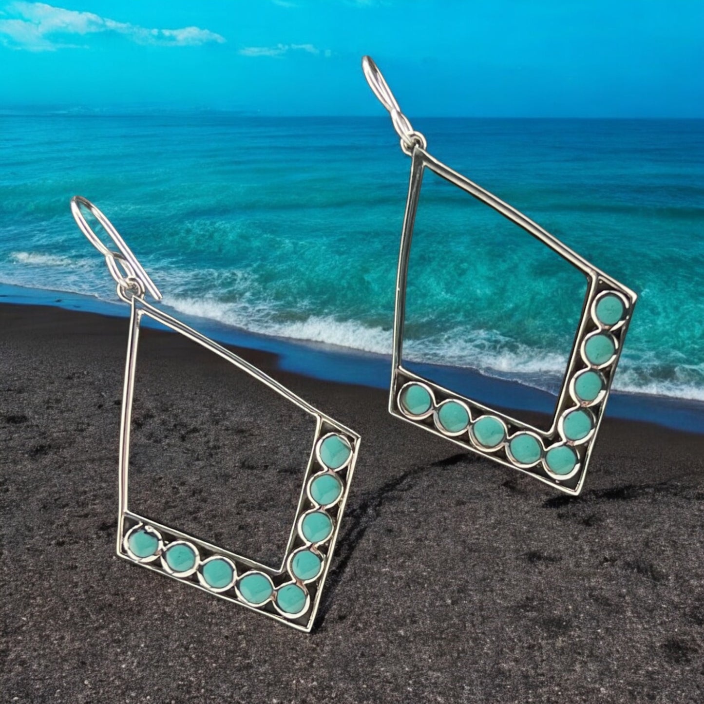 Sterling Silver .925 HOOK Earrings 30mmx46mm Diamond Shape with Turquoise