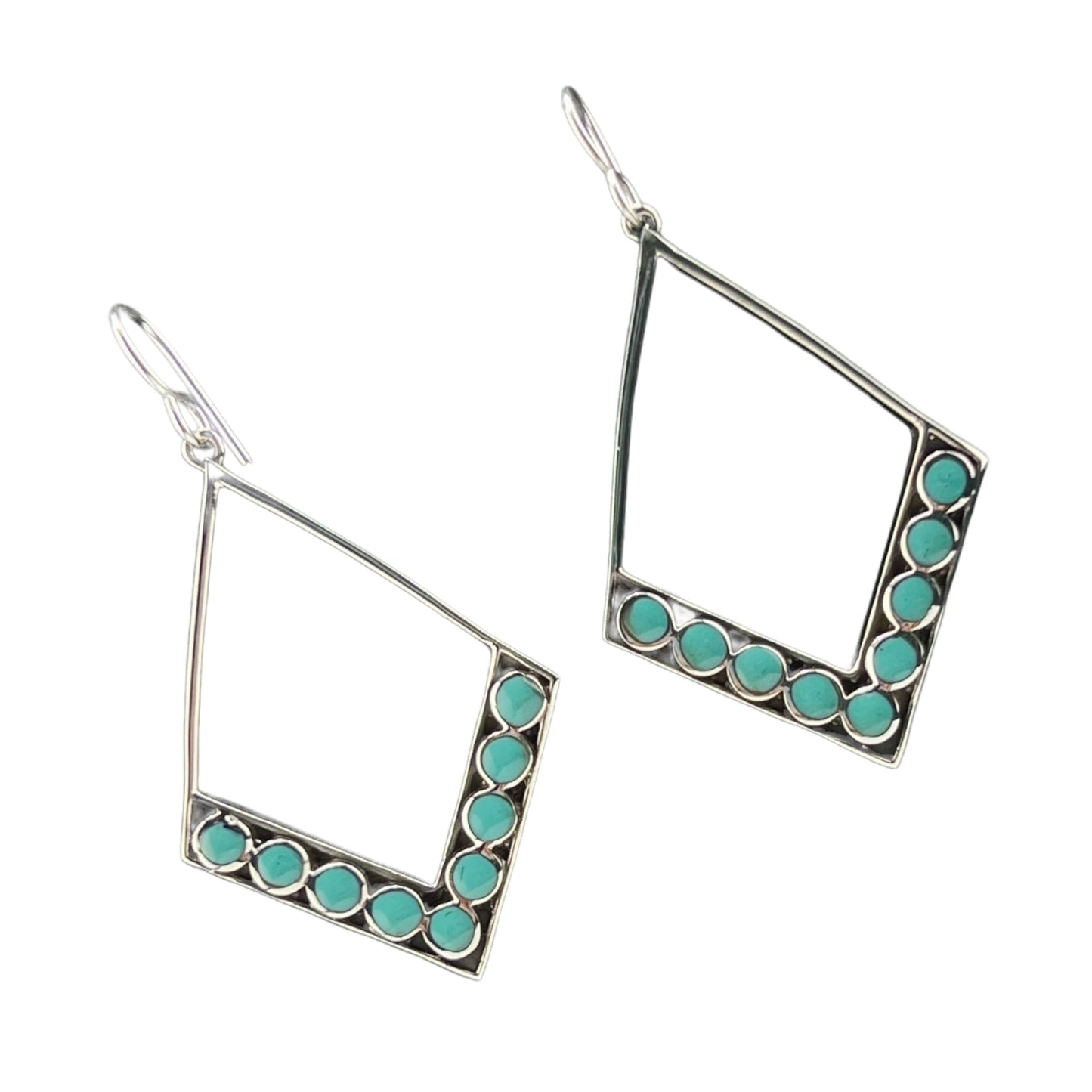 Sterling Silver .925 HOOK Earrings 30mmx46mm Diamond Shape with Turquoise
