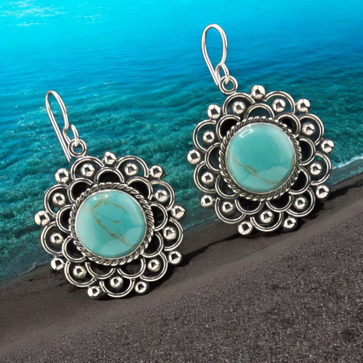 Sterling Silver .925 HOOK Earrings 30mm Turquoise