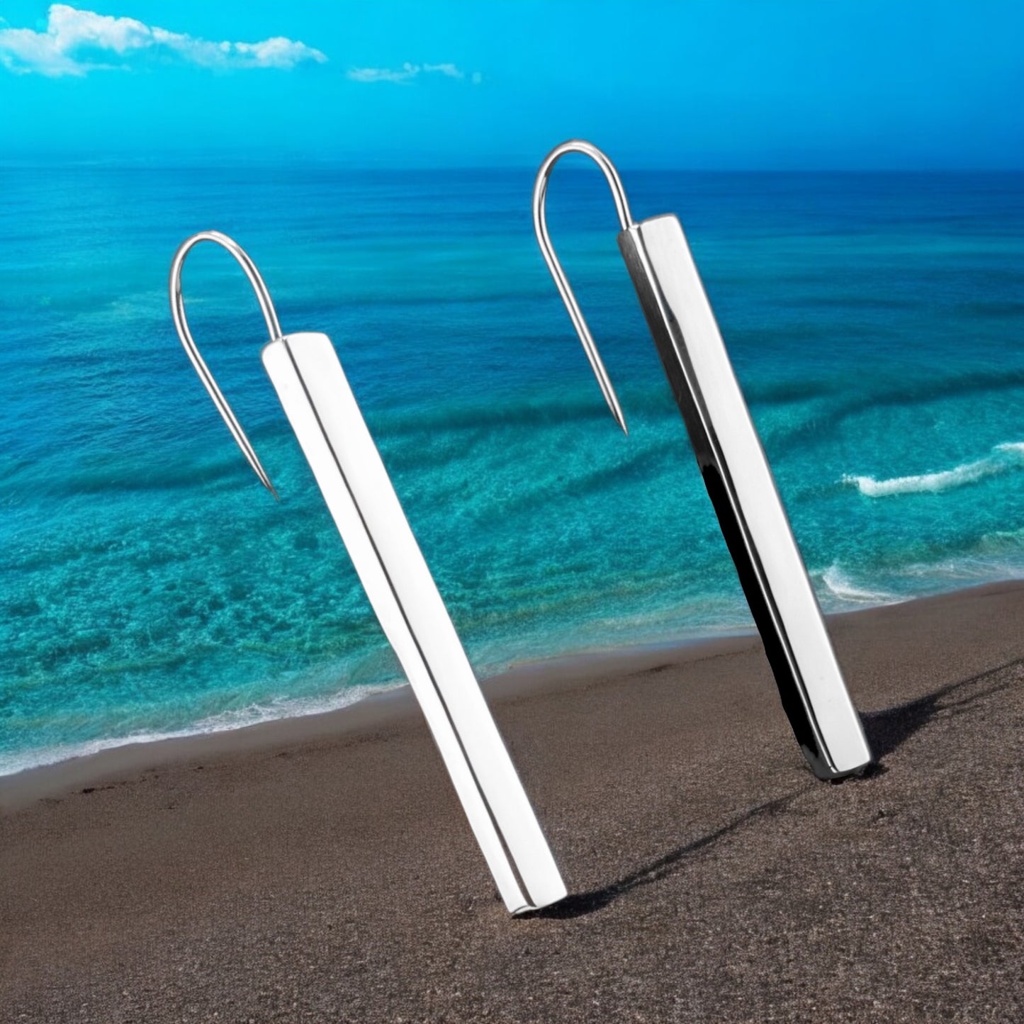 Sterling Silver .925 Integral HOOK Earrings 5mmx50mm Solid Rectangular