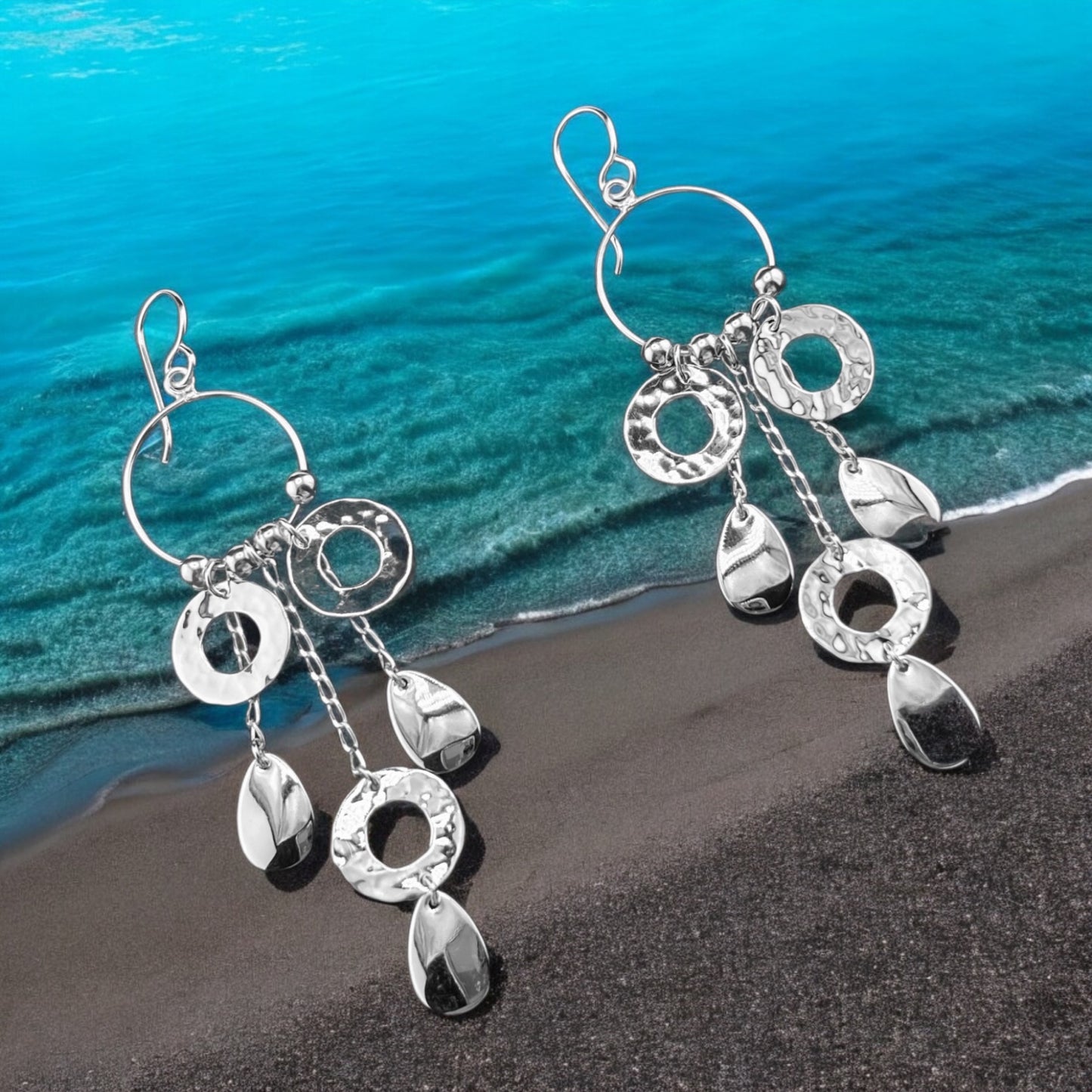 Sterling Silver .925 HOOK Earrings 23mmx80mm Circle with Circular and Teardrop Dangles