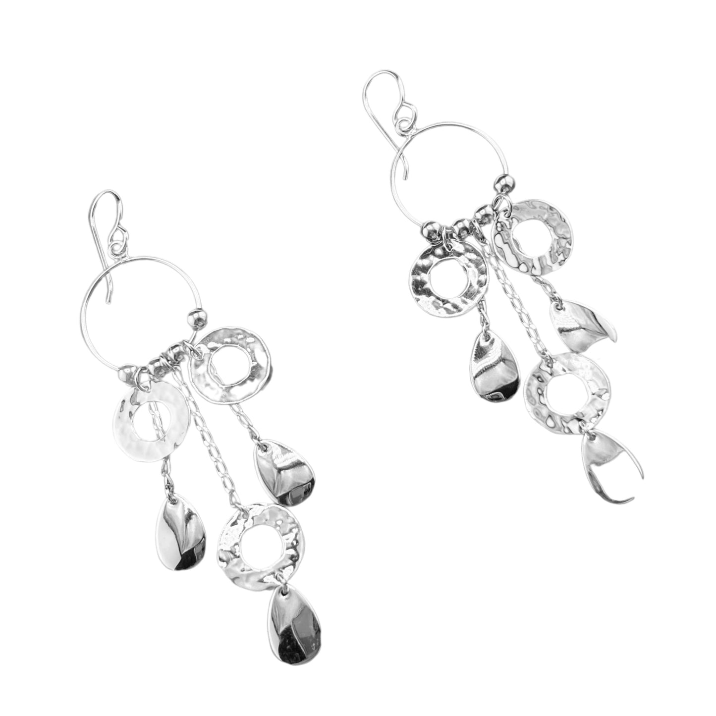 Sterling Silver .925 HOOK Earrings 23mmx80mm Circle with Circular and Teardrop Dangles
