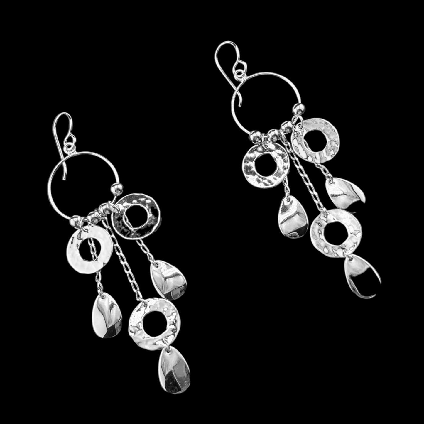 Sterling Silver .925 HOOK Earrings 23mmx80mm Circle with Circular and Teardrop Dangles