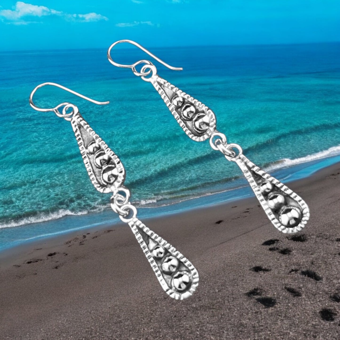 Sterling Silver .925 HOOK Earrings 7mmx52mm Two Tier Teardrop with balls