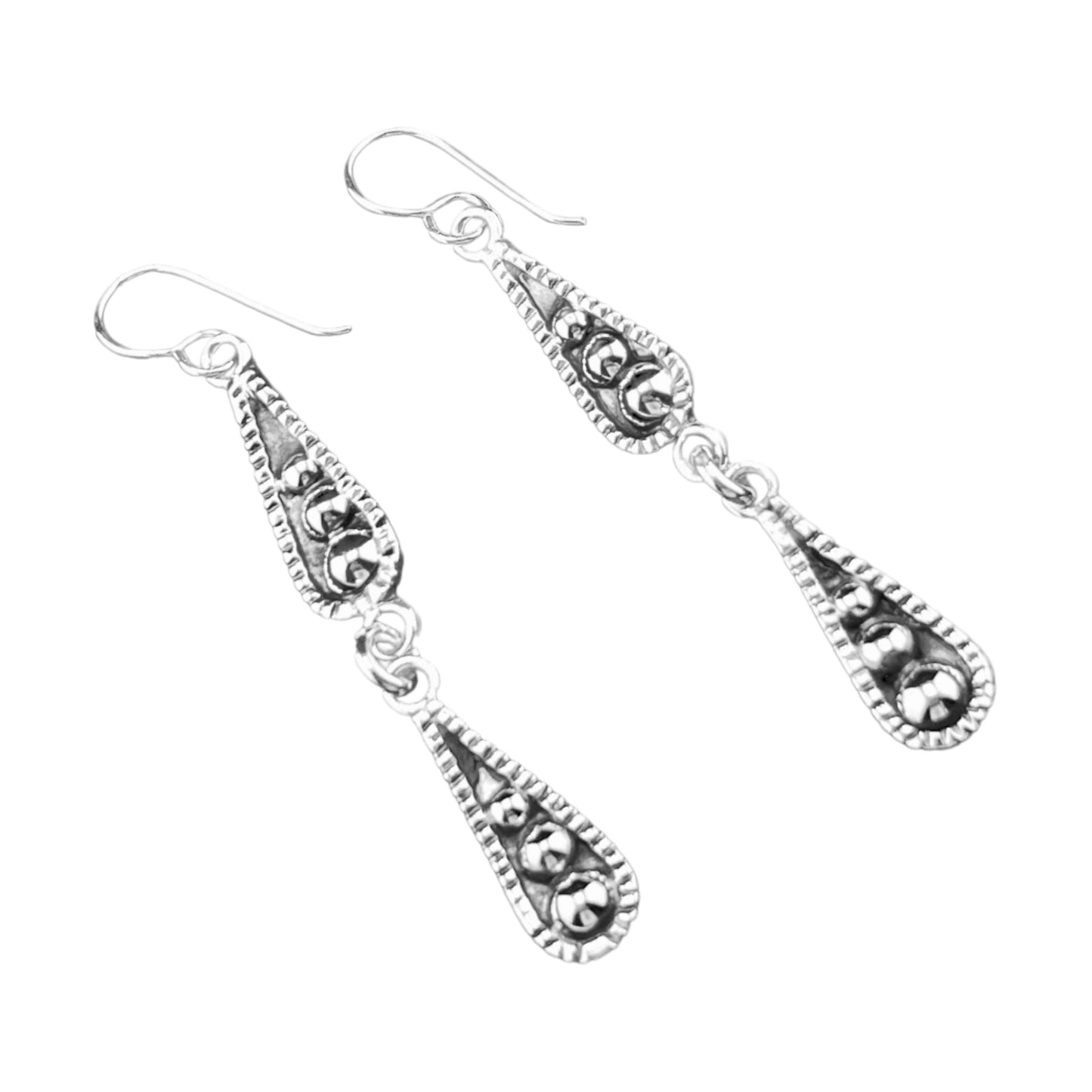 Sterling Silver .925 HOOK Earrings 7mmx52mm Two Tier Teardrop with balls