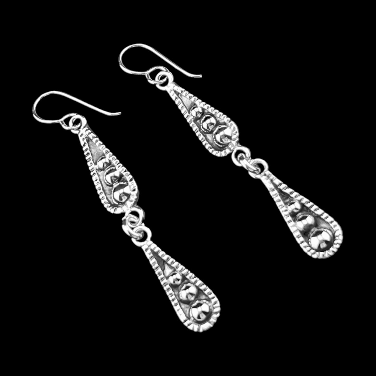Sterling Silver .925 HOOK Earrings 7mmx52mm Two Tier Teardrop with balls