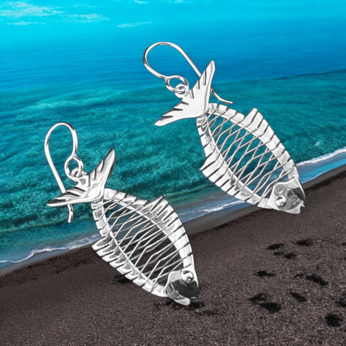 Sterling Silver .925 HOOK Earrings Fish with Bones