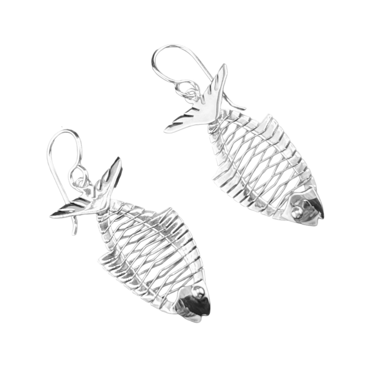 Sterling Silver .925 HOOK Earrings Fish with Bones