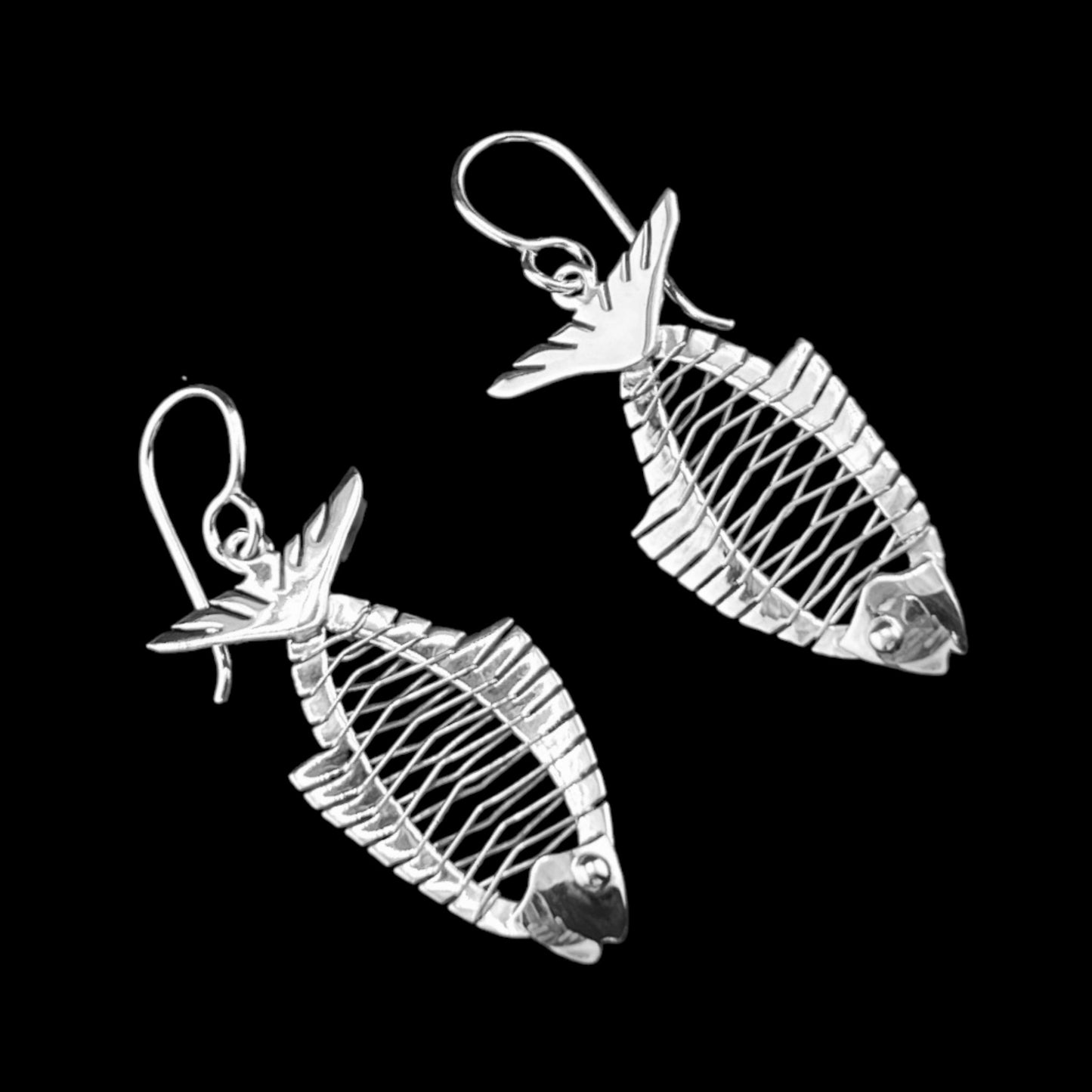 Sterling Silver .925 HOOK Earrings Fish with Bones