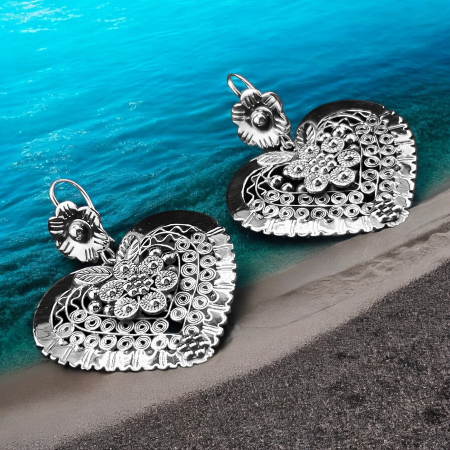 Sterling Silver .925 HOOK Earrings 42mmx45mm Heart with Flower Embossed