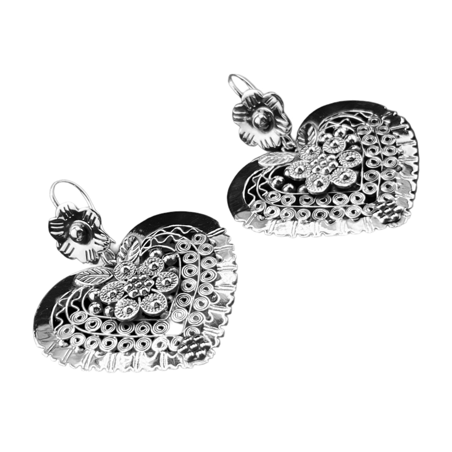 Sterling Silver .925 HOOK Earrings 42mmx45mm Heart with Flower Embossed