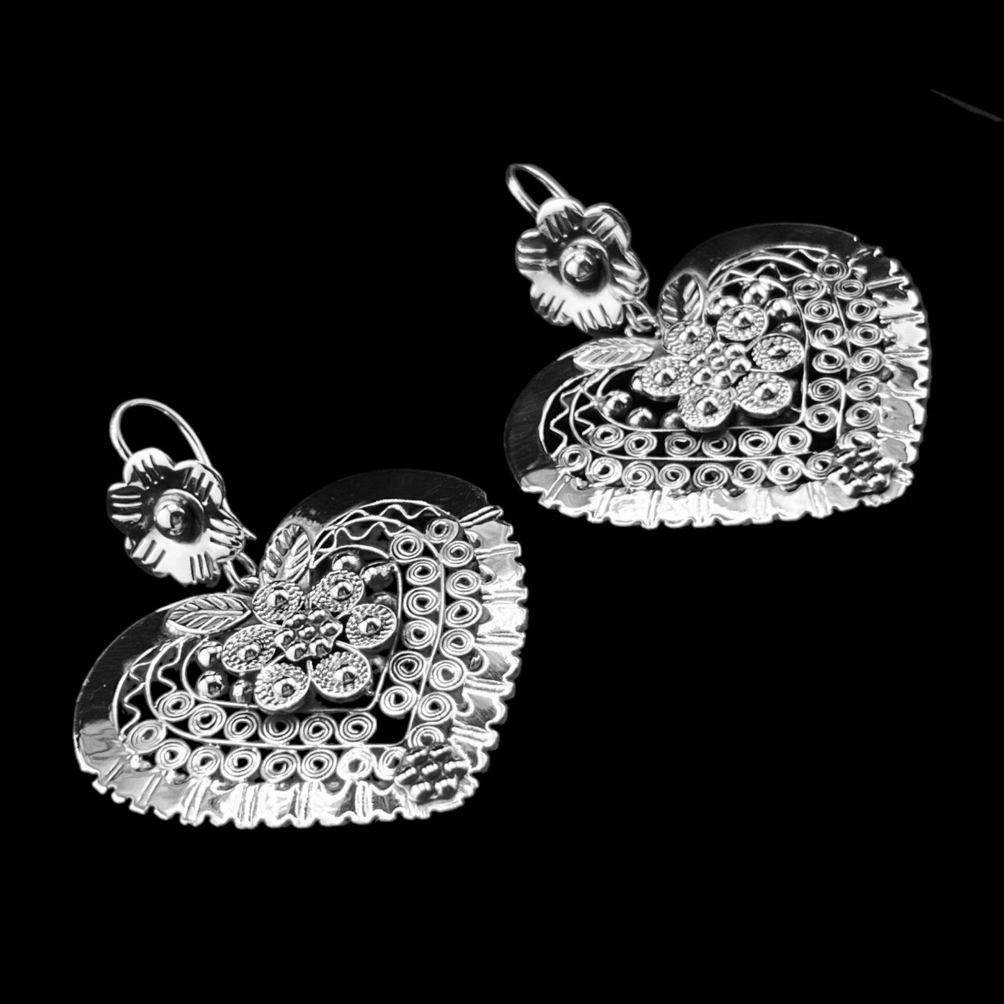 Sterling Silver .925 HOOK Earrings 42mmx45mm Heart with Flower Embossed