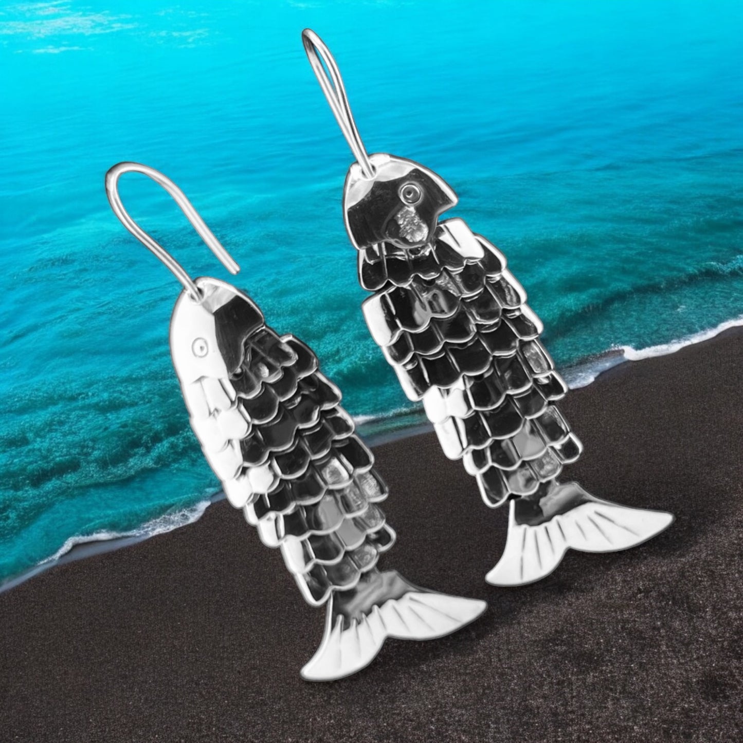 Sterling Silver .925 HOOK Earrings 14mmx55mm Fish with Scales