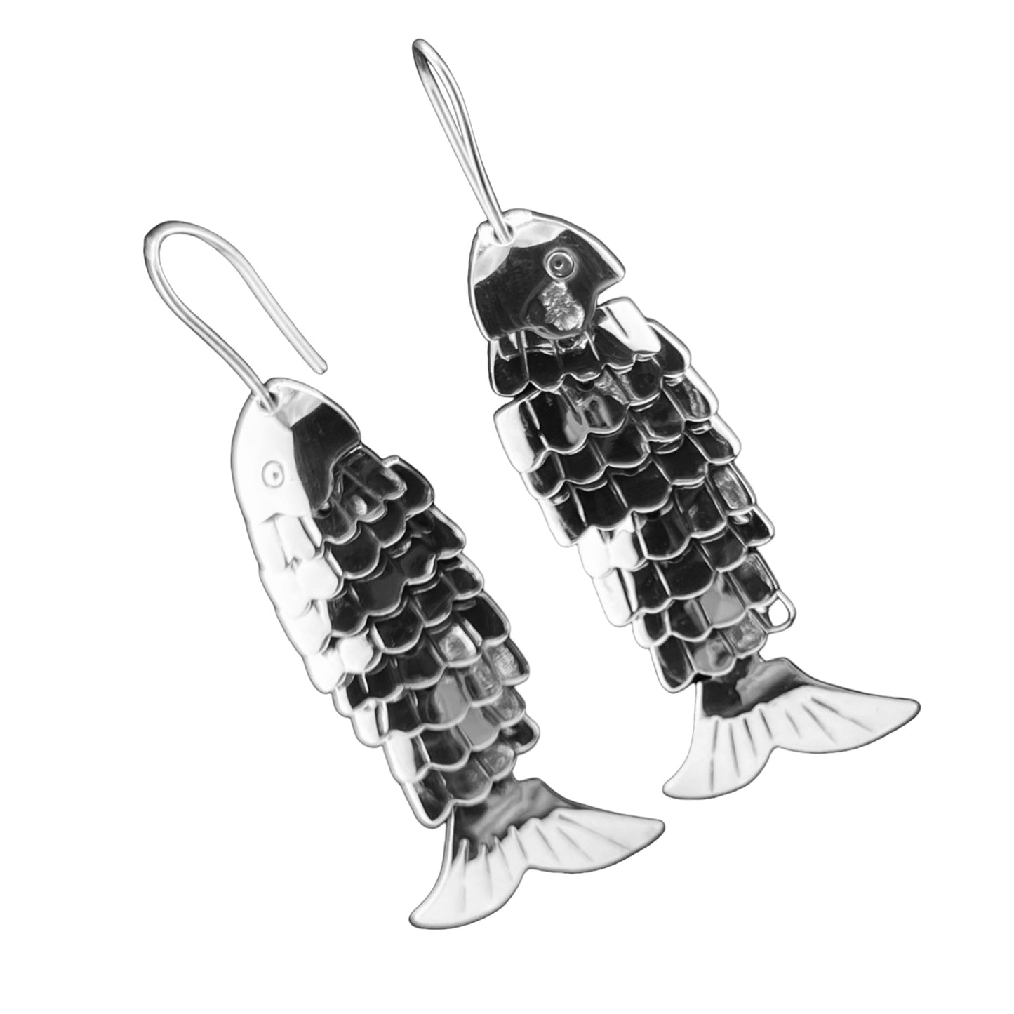 Sterling Silver .925 HOOK Earrings 14mmx55mm Fish with Scales