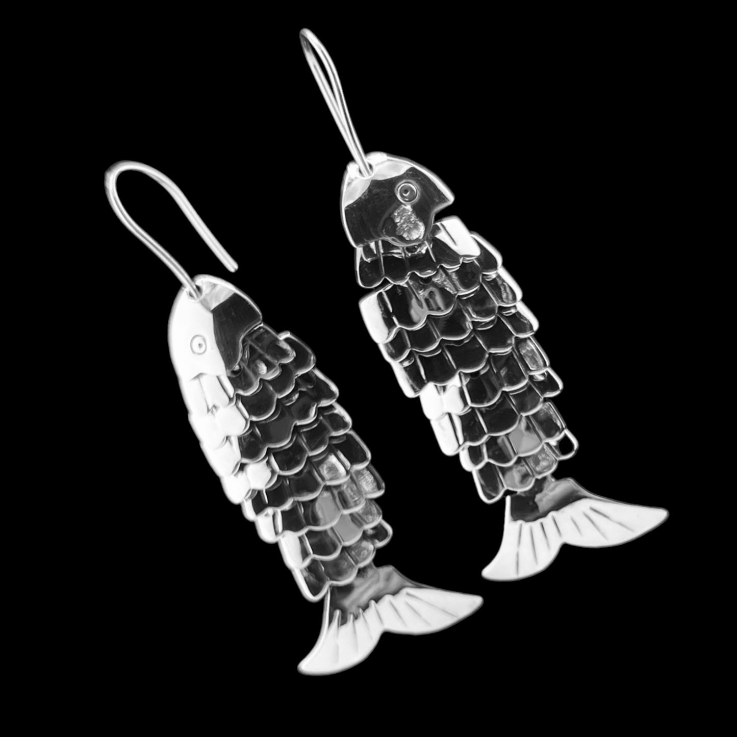 Sterling Silver .925 HOOK Earrings 14mmx55mm Fish with Scales