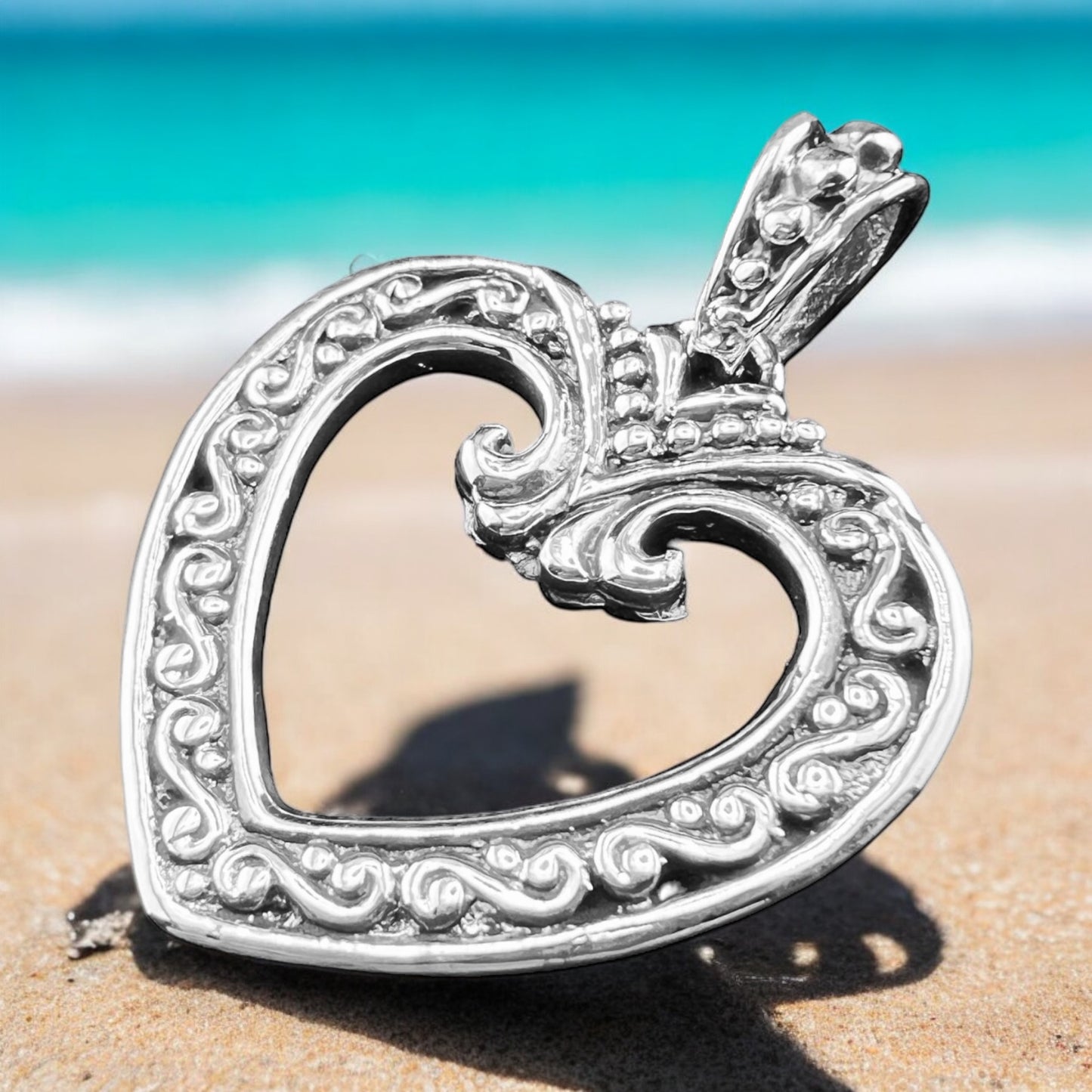 .925 Silver Pendant Open Heart 30mm x 40mm