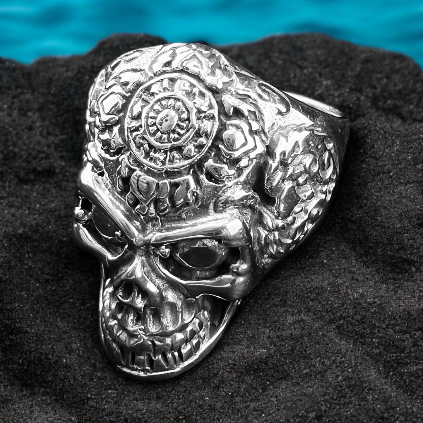 925 Silver Ring Skull with Flowers