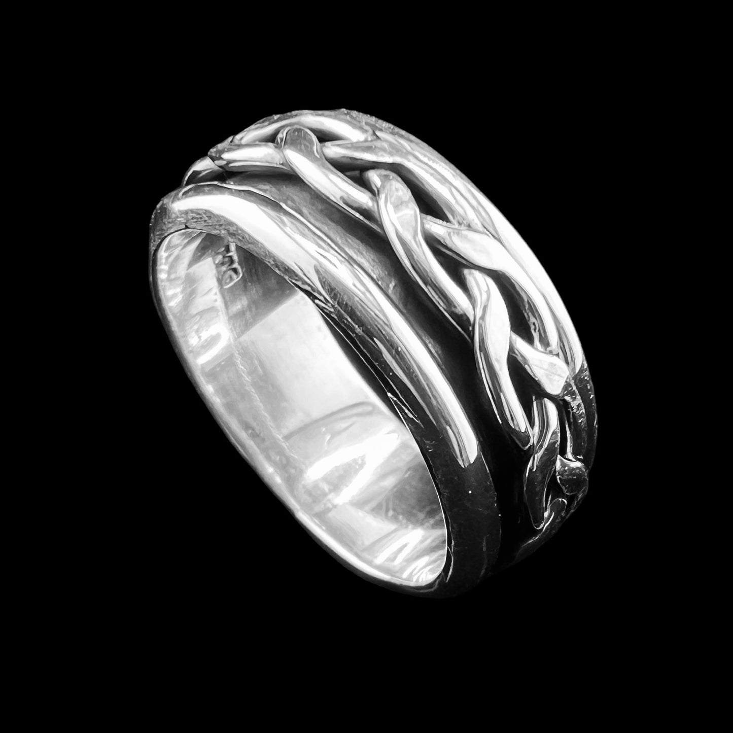 925 Silver Ring 8mm w braid spinner