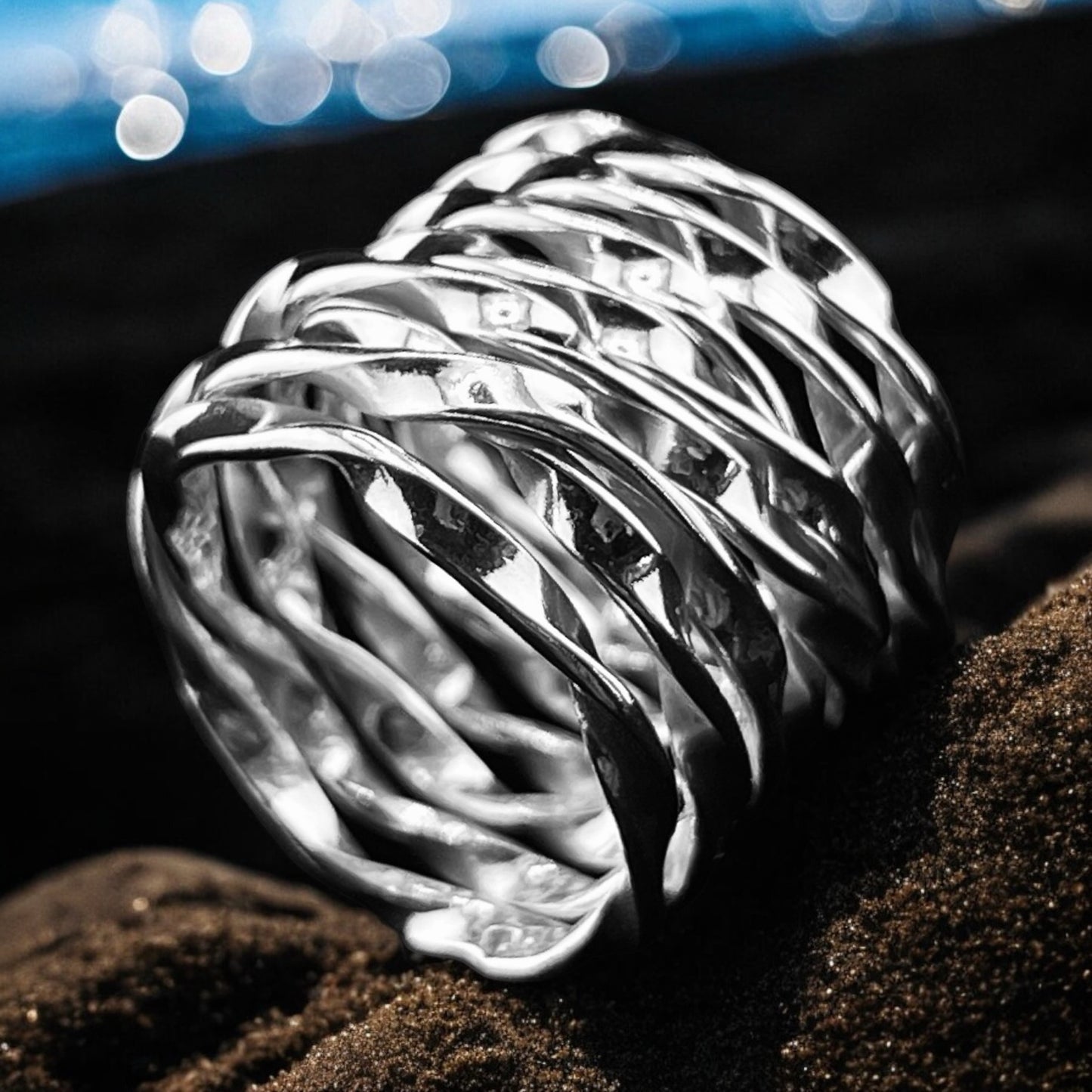 925 Silver Ring 18mm wide twisted random silver wire