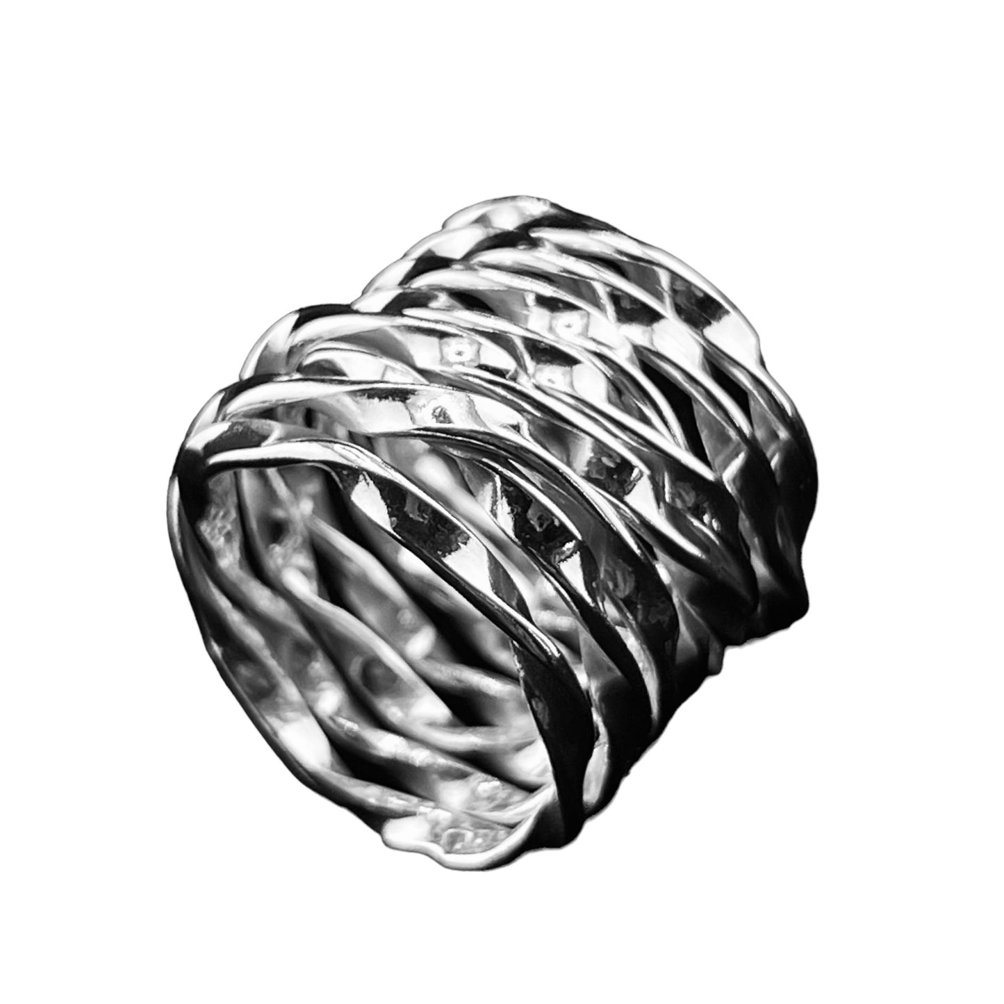 925 Silver Ring 18mm wide twisted random silver wire