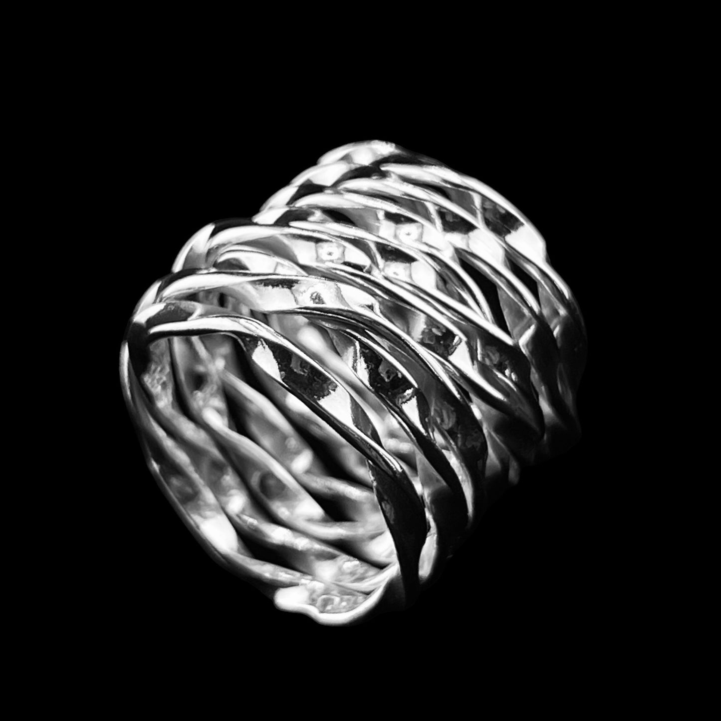 925 Silver Ring 18mm wide twisted random silver wire
