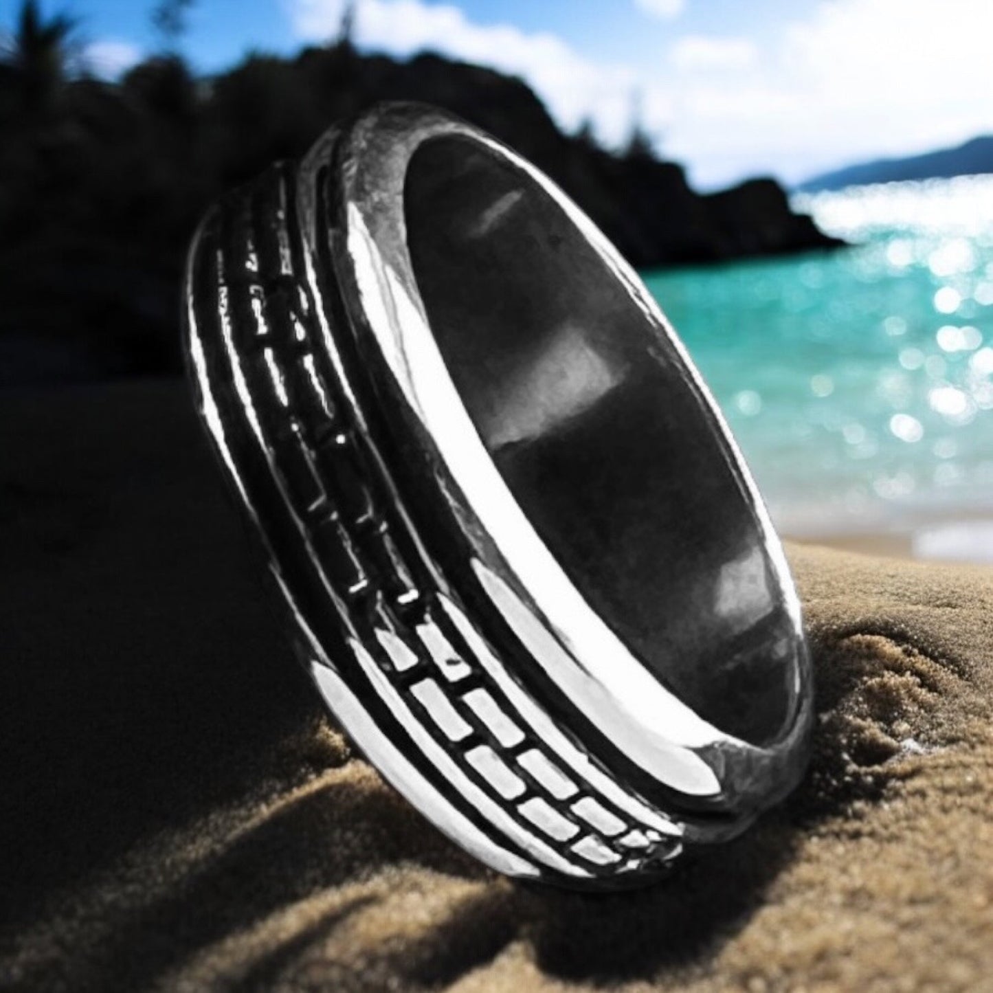 925 Silver Ring with Balls Rustic Background