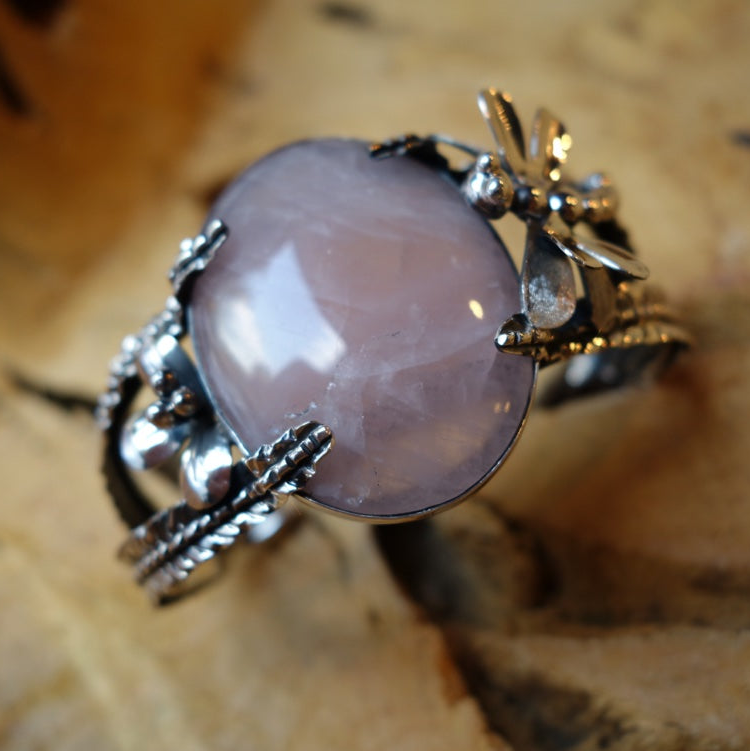 Rose Quartz encaded with Leaf Dragonfly 925 Silver Bracelet