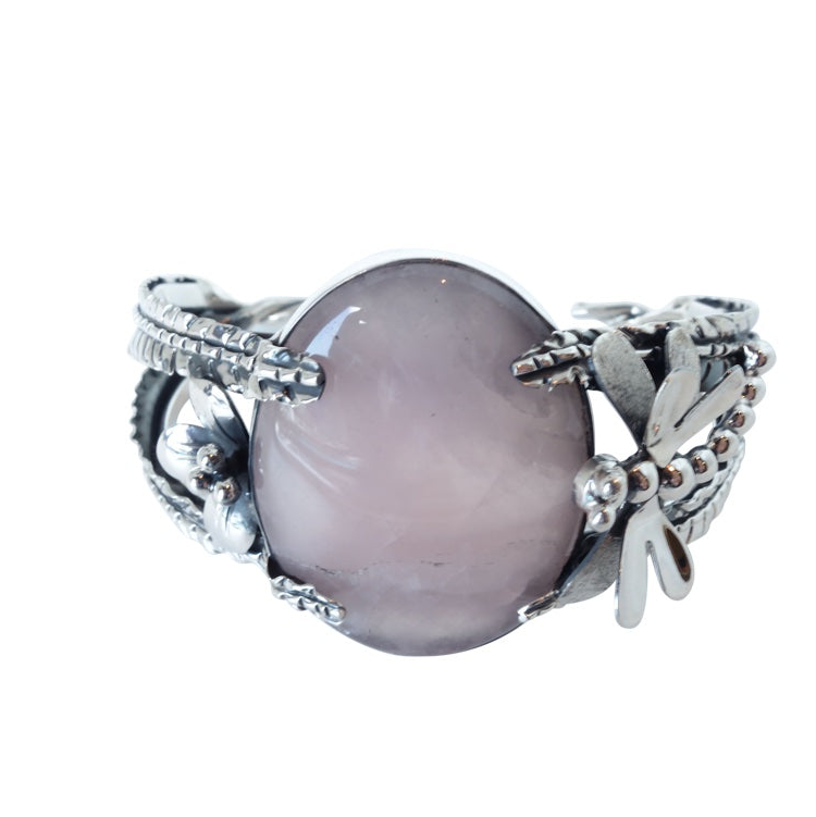 Rose Quartz encaded with Leaf Dragonfly 925 Silver Bracelet