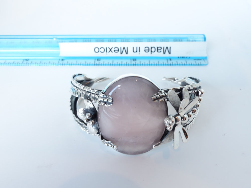 Rose Quartz encaded with Leaf Dragonfly 925 Silver Bracelet