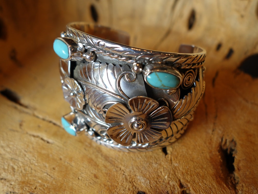 6cm CUFF with Turquoise Leaf and Flower accent Solid 925 Silver Bracelet