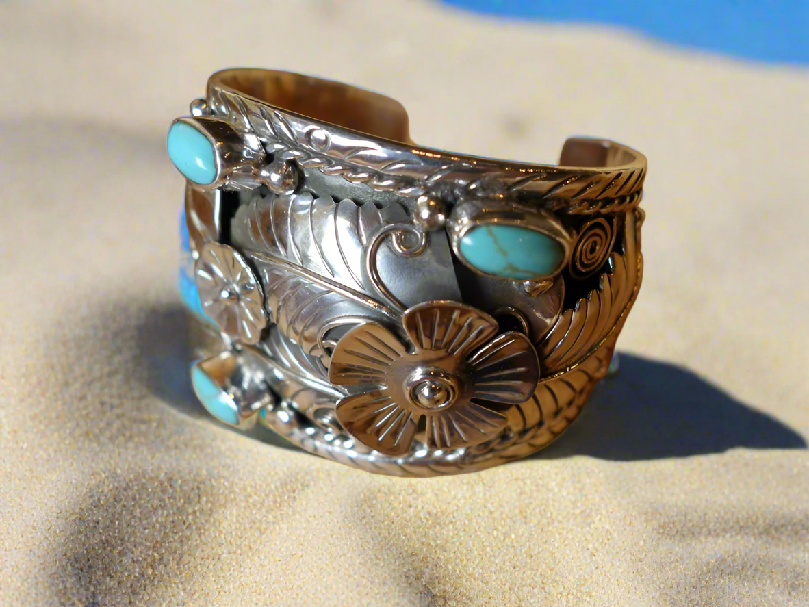 6cm CUFF with Turquoise Leaf and Flower accent Solid 925 Silver Bracelet