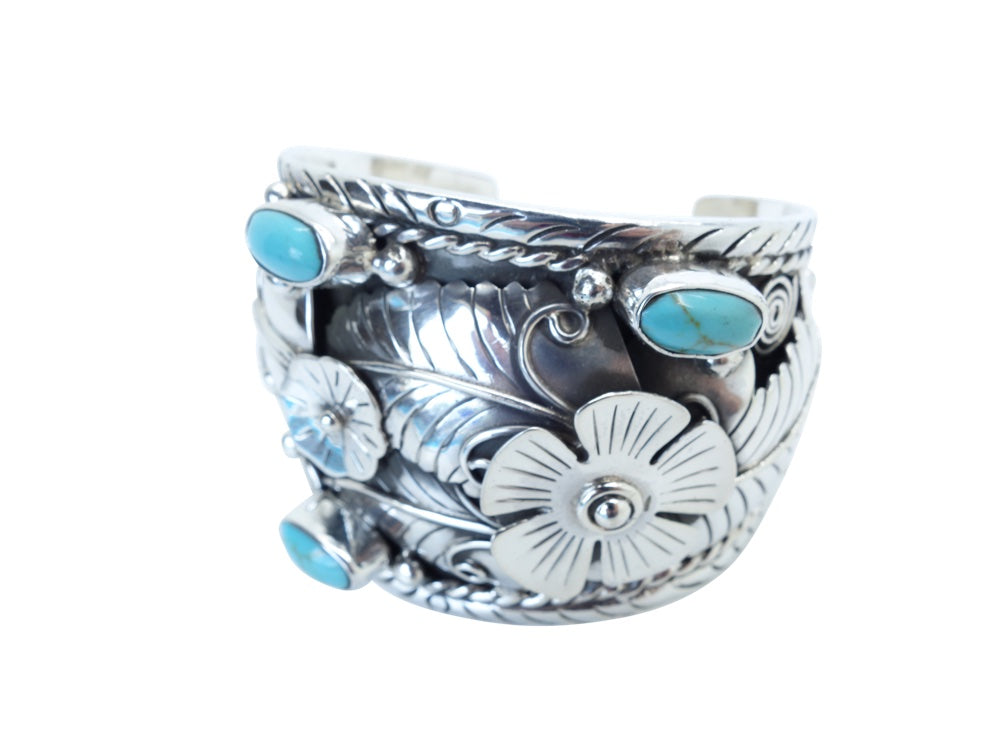 6cm CUFF with Turquoise Leaf and Flower accent Solid 925 Silver Bracelet