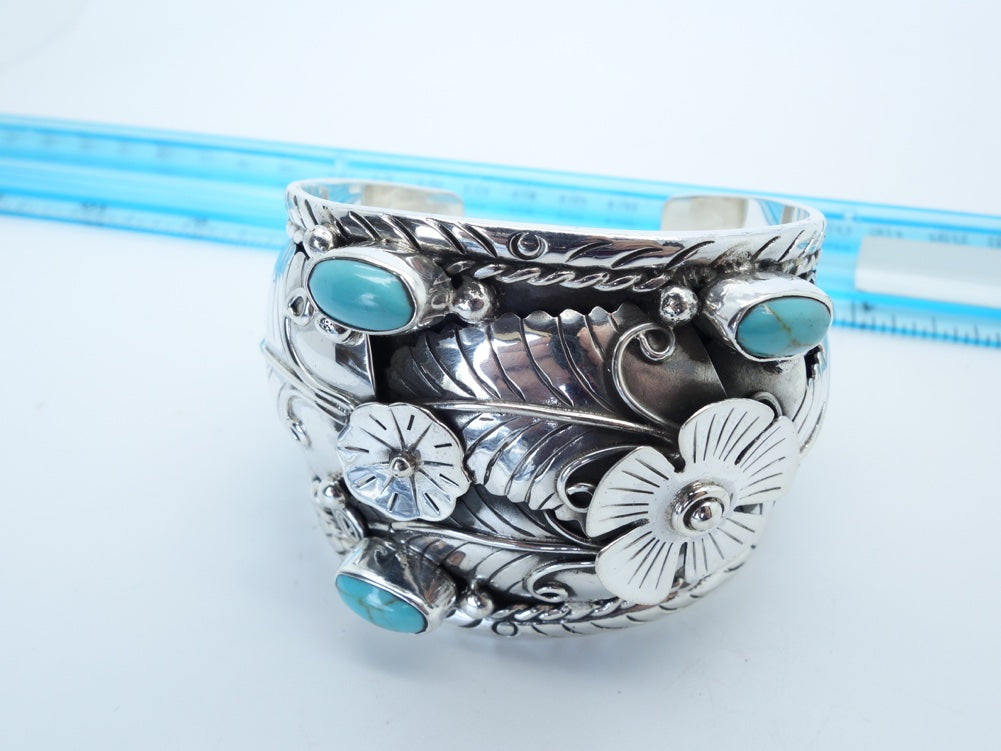 6cm CUFF with Turquoise Leaf and Flower accent Solid 925 Silver Bracelet