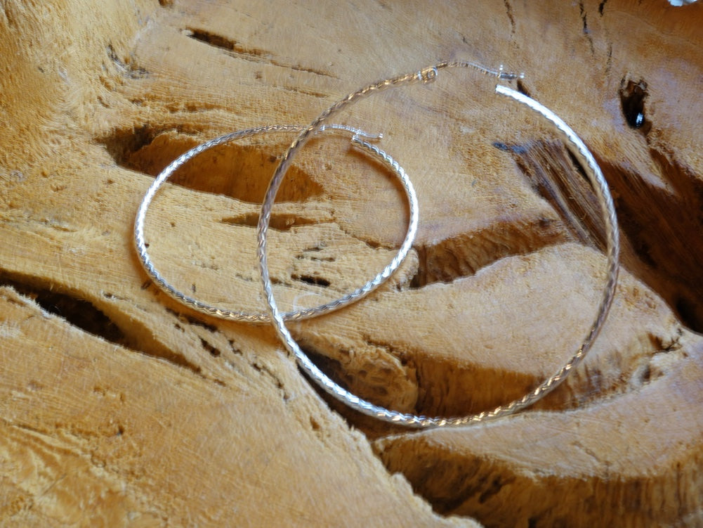 Handcrafted solid sterling .925 silver 60cm Diamond Cut Solid Silver HOOP Earrings from Taxco, Mexico