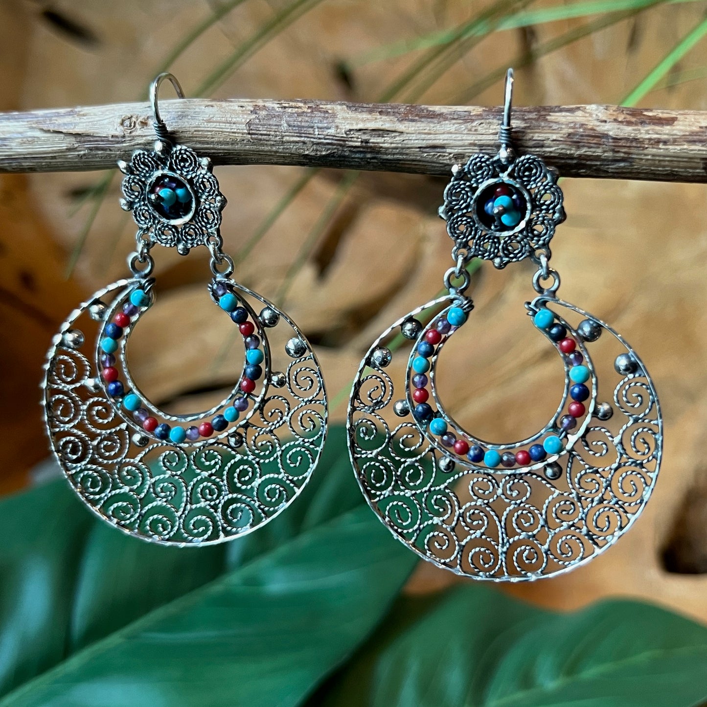 6.5cm 925 silver earrings filigree with coral turquoise amethyst beads