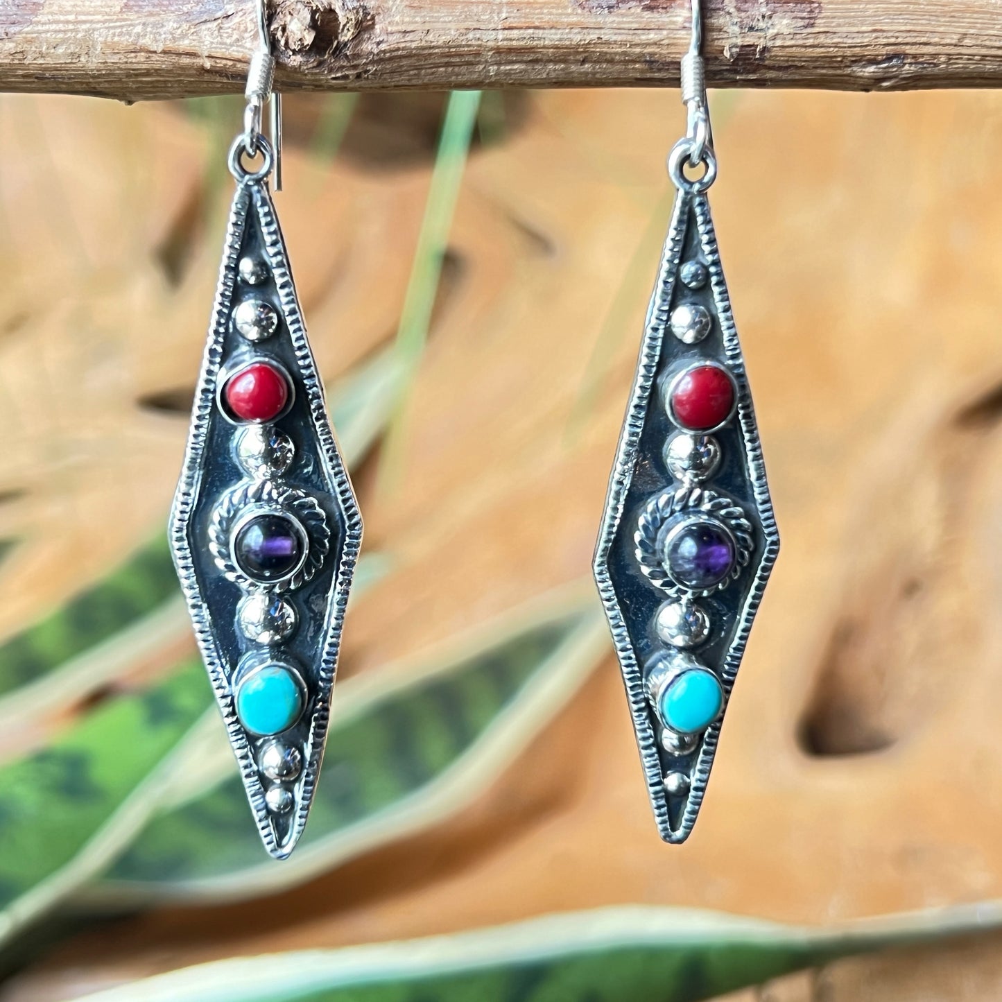 6 Silver Earrings with Granite Turquoise  Amethyst