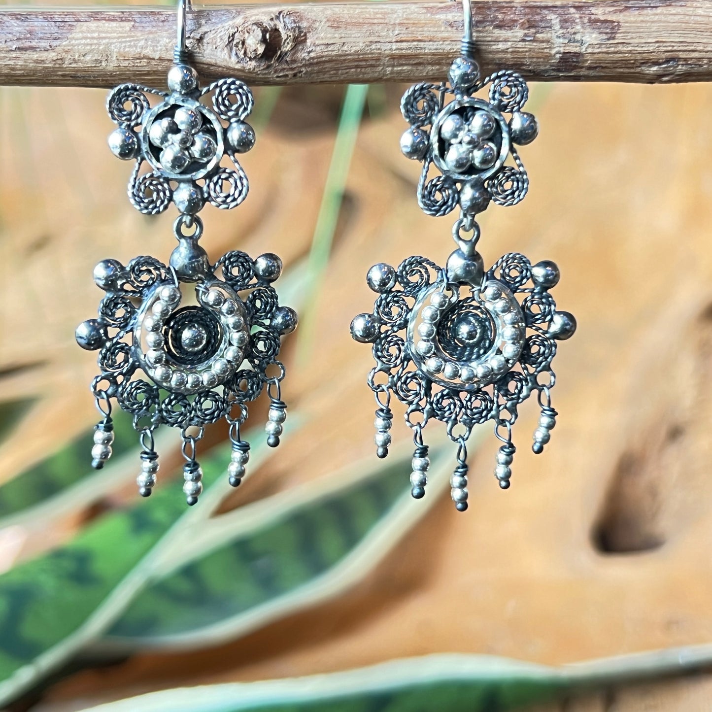 4cm Filigree  Silver Earrings with Silver Beads
